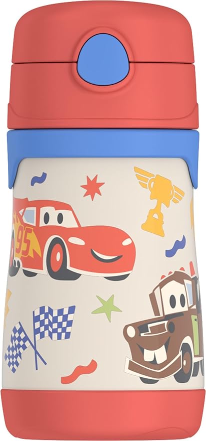 Thermos Baby 10 oz. Stainless Steel Bottle with pop-up straw, Cars