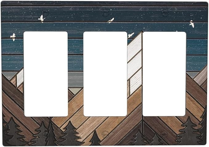 Rustic Geometric Mountain Wilderness Wood 3 Gang Wall Plate Triple Rocker Light Switch Cover Decorative Switch Plates Outlet Covers Electrical GFCI Faceplate for Bathroom Kitchen Art Decor Accessories