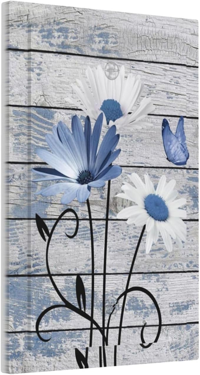 Blue White Daisy Flower Butterfly Rustic Wood Board Light Switch Cover Plate 1 Gang No Device Blank Electrical Wall Plates Faceplate Decorative Switch Plate Covers for Farmhouse Bedroom Decor