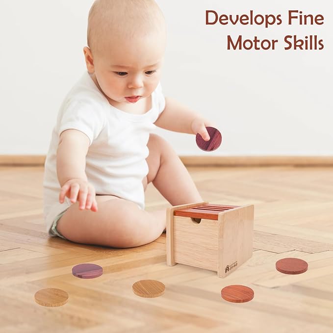 Adena Montessori Coin Box -Natural Wood Object Permanence Box Toy for 1-Year-Old Babies, Wooden Montessori Developmental Toy for 6-12 Month Infants, Early Learning Gift for Kids