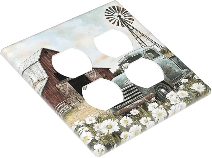Retro Trucks Old Barn Windmill Teal Car Rustic Outlet Covers 2 Gang Double Duplex Decorative Light Switch Covers Electrical Wallplates Socket Faceplate for Farmhouse Home Decor