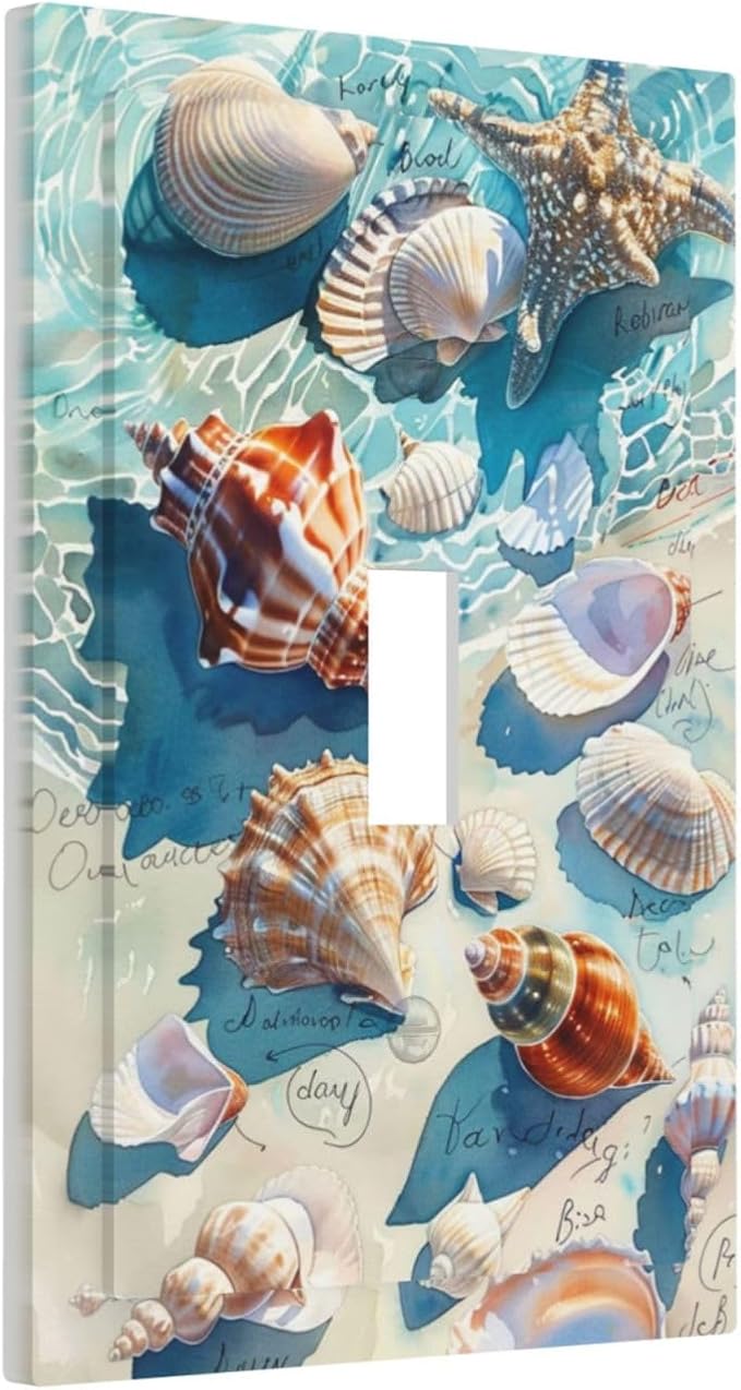Decorative Light Switch Cover Ocean Waves Starfish Conch Scallop Shell 1 Gang Single Toggle Device Electrical Faceplate Switchplates Decorator Outlet Wall Plate For Kids Room Nursery Decor
