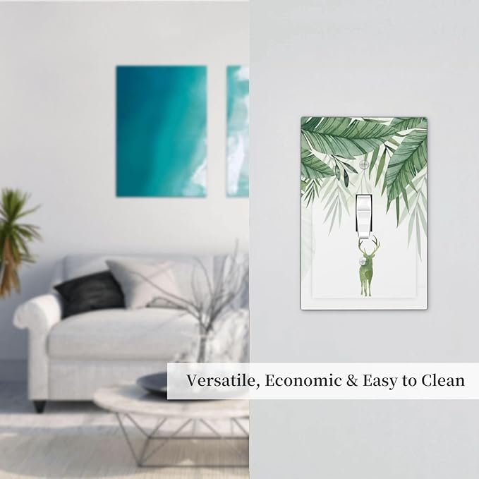 Deer Banana Leaves Palm Trees Green Plants Decorative Light Switch Cover 1 Gang Single Toggle Device Electrical Faceplate Switchplates Decorator Outlet Wall Plate for Bed Room Living Room Decor