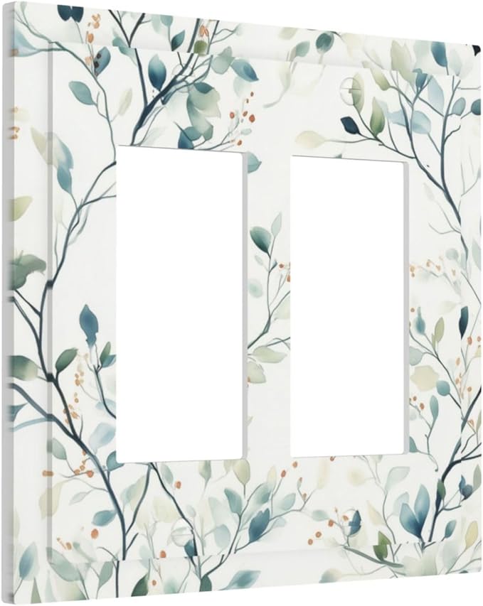 Watercolor Floral Green Leaves Double Rocker Light Switch Cover Green Botanical Flowers 2 Gang Outlet Covers Switchplates Wall Plate Decorative for Bedroom Kitchen Living Room Decor