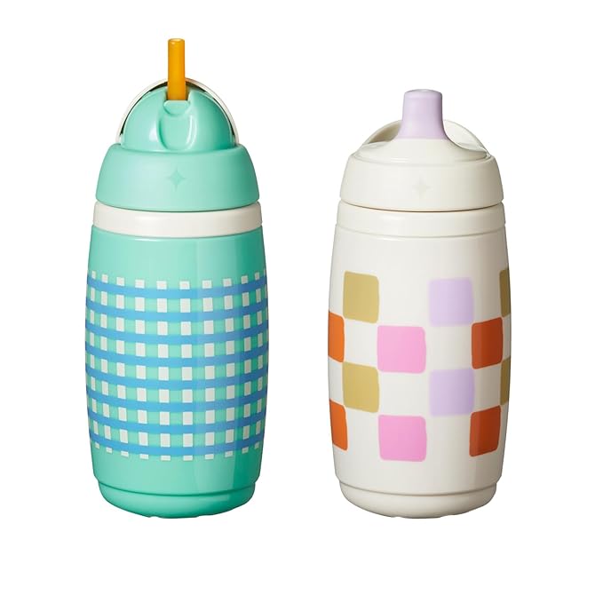 Tommee Tippee Active Straw Toddler Cups, 9 oz, Insulated Sippy Cups For Toddlers 1-3, Silicone Straw and Leak-Proof Valve, Mint and Beige, Pack of 2