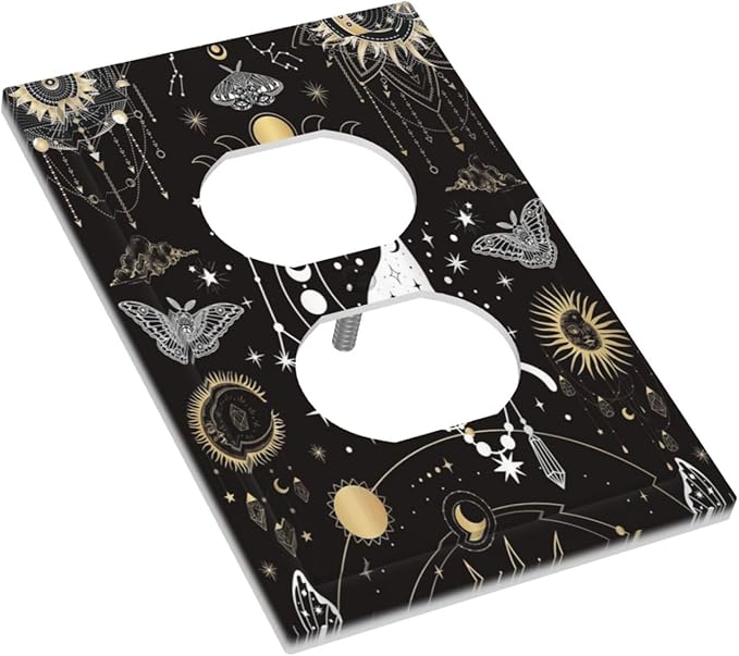 White Cat Tarot Moon Phases Moth Celestial Gothic Outlet Covers 1 Gang Duplex Light Switch Cover Decorative Switch Plates Electrical Receptacle Faceplate Wall Plate for Kids Room Bedroom Decor