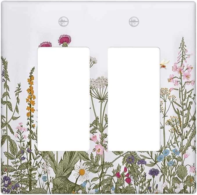 Rustic Wild Floral Vintage Teal Botanical Double Rocker Wall Plate Decorative 2 Gang Light Switch Cover Gfci Electrical Switchplate Home for Bathroom Bedroom Kitchen Decor 4.6"X4.5"