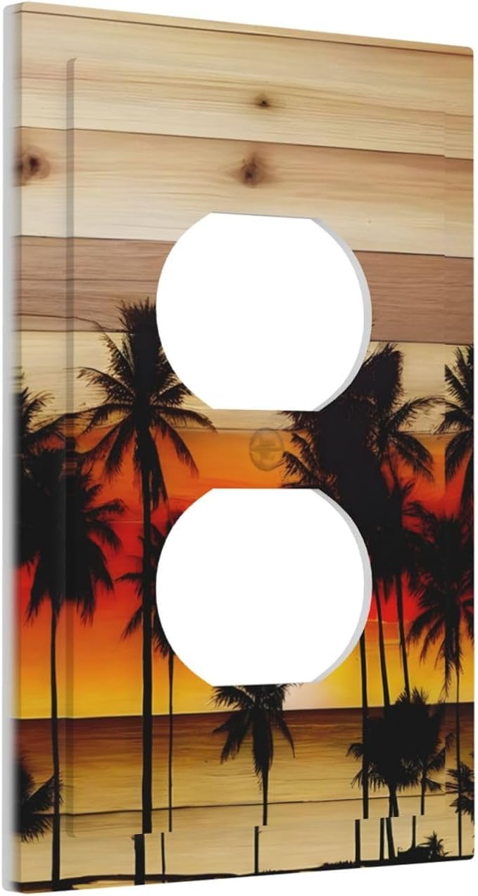 Sunset Beach Coconut Palm Tree Wooden Background Outlet Covers 1 Gang Duplex Light Switch Cover Decorative Switch Plates Electrical Receptacle Faceplate Wall Plate for Bedroom Living Room Decor