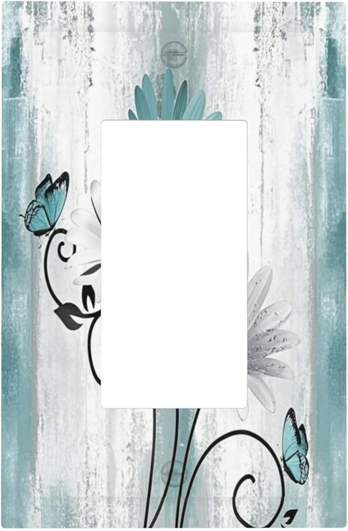 Light Switch Cover Plate Teal Daisy Floral Butterfly Vintage Wood 1 Gang Outlet Covers Single Rocker Decorative Switch plates Electrical Wall Plates GFCI Receptacle for Bathroom Bedroom Decor