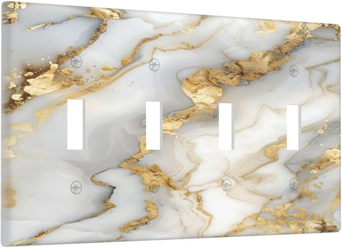 Luxurious White Gold Marble Patterns Abstract Light Switch Covers Quad Toggle Electrical Faceplate 4 Gang Wall Plate Decorative Switch Plates Cover for Bathroom Kitchen Decor