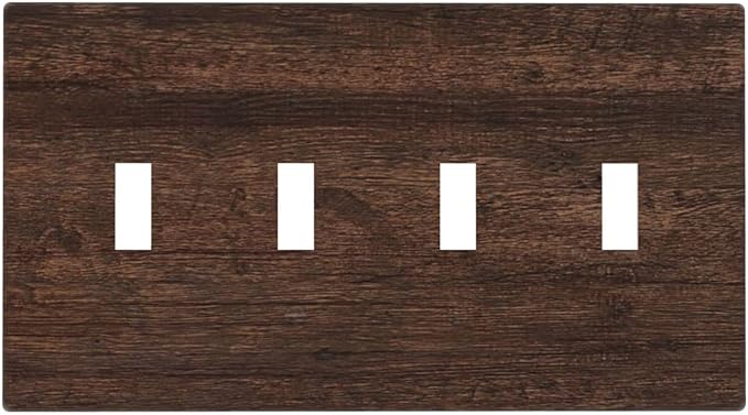 Decorative Switch Plate Cover with Rustic Dark Wood Grain & Vintage Style Design 4 Gang Artistic Wall Plate Unique Quad Toggle Light Switch Covers for Kitchen/Living Room