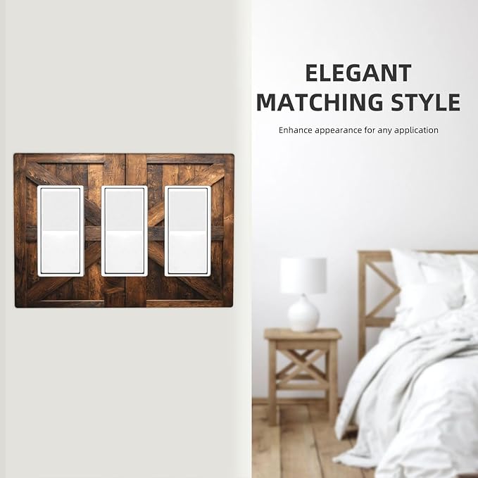 Decorative Outlet Covers Retro Brown Wood Barndoor 3 Gang Light Switch Cover Plate Triple Rocker Wall Plates for Electrical Outlets Switch Plate Covers for Farmhouse Home Decor