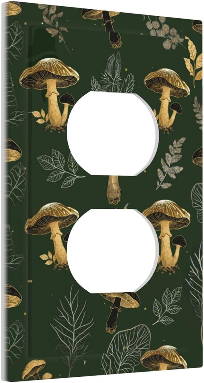 Decorative Outlet Covers Cute Gold Mushtroom Green Plant Leaf 1 Gang Duplex Light Switch Cover Plate Unique Wall Plates for Electrical Outlets Switch Plate Covers for Bedroom Decor