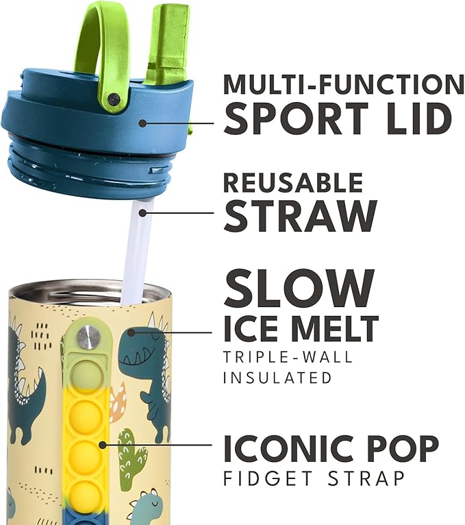 Elemental Iconic Kids Water Bottle for School - 100% Leak-Proof Insulated Water Bottles with Straw Lid & Pop-It Handle for Boys & Girls - Triple-Wall Insulated & BPA-Free, 20oz – Dinosaur
