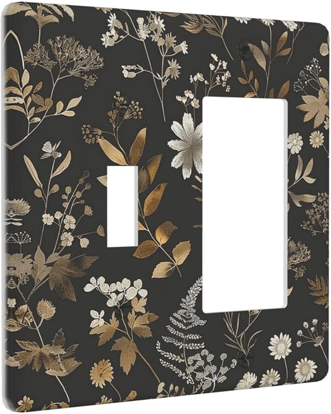 Outlet Covers Black Gold Floral Dark Leaves Vintage Flowers 1 Toggle 1 Rocker Combination Decorative Wall Plate Electrical Switch Plates Light Switch Cover Plate for Bed Room Home Decor