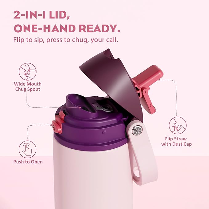 POWCAN 18 oz Stainless Steel Water Bottle: 2-in-1 Push-Button Spout & Quick-Flip Straw, Leakproof, Cold 24 Hrs, Fits Car Cup Holder, Insulated Bottle for Gym, School, Travel, Outdoor Gift (Plum Field)