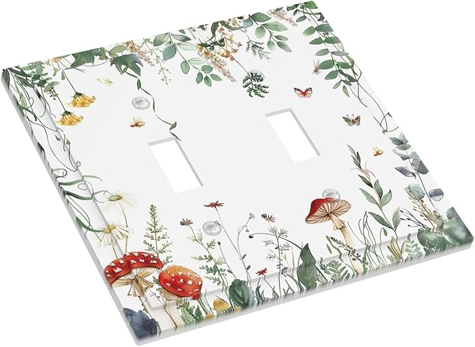 Decorative Switch Plates Sage Plant Red Mushroom Butterfly Wild Flower 2 Gang Double Toggle Outlet Light Switch Cover Wall Plate Electrical Faceplate For Bed Room Kids Room Decor