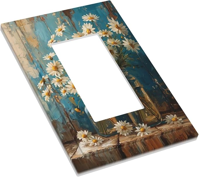 Delicate White Daisy Jars Retro Wood Background Decorative Outlet Covers 1 Gang Single Rocker Light Switch Cover Plate Wall Plates GFCI Faceplate for Farmhouse Home Decor