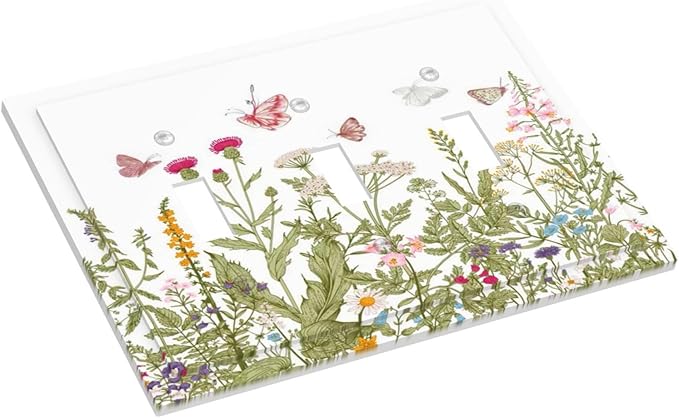 Colorful Butterfly Floral Plants Flower Vine Decorative Switch Plates 3 Gang Wall Plate Triple Toggle Light Switch Cover Faceplate Electrical Wall Panels for Bed Room Living Room Decor