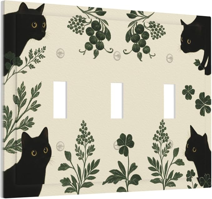 Decorative Light Switch Cover Plate Funny Black Cat Green Leaf 3 Gang Wall Plates for Electrical Outlets Triple Toggle Switch Plate Covers Outlet Covers Faceplate for Bedroom Home Decor