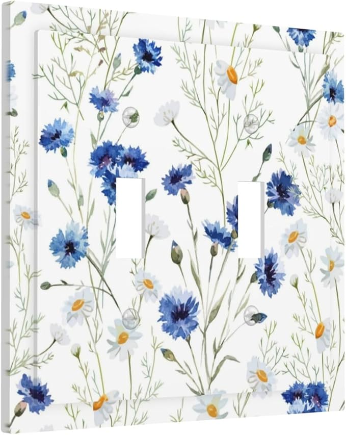 Light Switch Cover Plate Watercolor Daisy Blue Floral Vintage Plant 2 Gang Double Toggle Decorative Switch Plates Plug Cover Wall Plates Electrical Faceplate for Bedroom Home Decor
