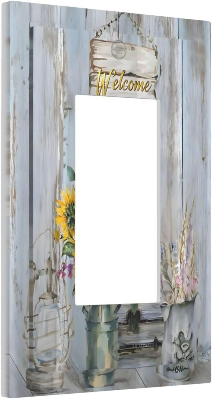 Rustic Sunflower Floral Vintage Wood Board Decorative Outlet Covers 1 Gang Single Rocker Light Switch Cover Plate Wall Plates GFCI Faceplate for Farmhouse Home Decor