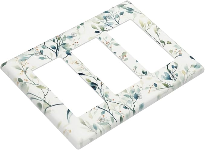Watercolor Floral Green Leaves Triple Rocker Light Switch Cover Green Botanical Flowers 3 Gang Rocker Switchplates Wall Plate Decorative Faceplate for Bedroom Kitchen Living Room Decor
