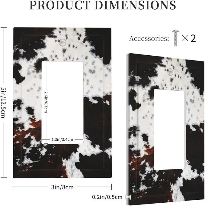 Western Farmhouse Maroon Brown Black White Animal Cow Fur Skin Cowhide Leopard 1 Gang Electrical Single Decorator/GFCI Device Wall Plate Decorative Electric Rocker Light Switch Outlet Cover Dimmer