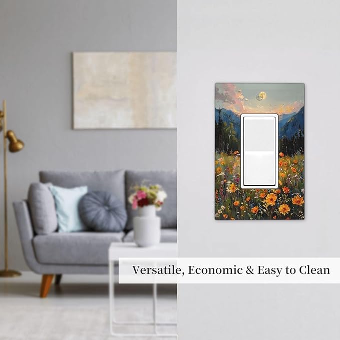 Sunset Wild Flower Field Floral Nature Landscape Decorative Outlet Covers 1 Gang Single Rocker Light Switch Cover Plate Wall Plates GFCI Faceplate for Farmhouse Bedroom Decor