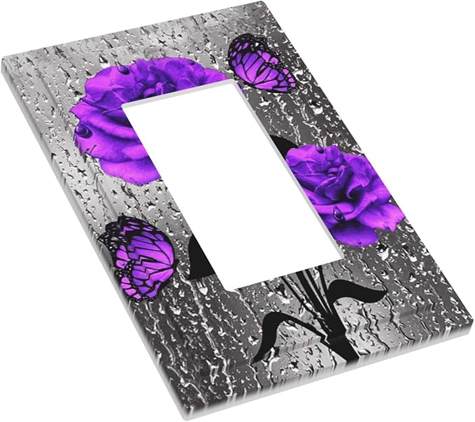 Purple Rose Butterfly 1-Gang Decorator Rocker Outlet Light Switch Cover Romantic Blossom Flowers Floral Art Valentine's Day Decorative Single Device GFCI Switch Wall Plate Dimmer (4.92 IN x 3.23 IN)