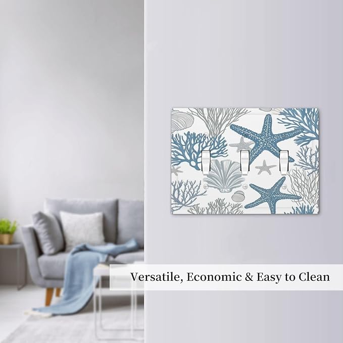 Blue Starfish Nautical Beach Conch Coastal Coral Shell Decorative Switch Plates 3 Gang Wall Plate Triple Toggle Light Switch Cover Faceplate Electrical Wall Panels For Kids Room Bathroom Decor