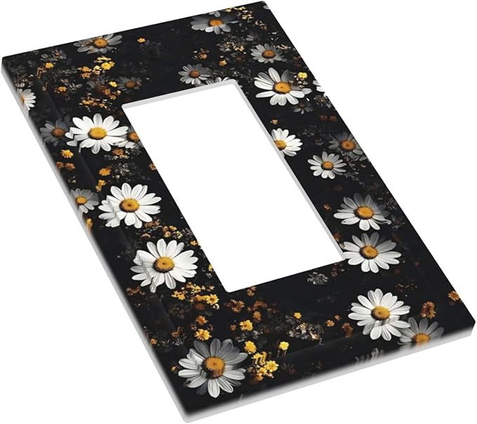 White Black Daisy Wildflower Modern Chrysanthemum Decorative Outlet Covers 1 Gang Single Rocker Light Switch Cover Plate Wall Plates GFCI Faceplate for Bedroom Farmhouse Decor