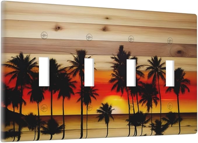 Sunset Beach Coconut Palm Tree Wooden Background Light Switch Covers Quad Toggle Electrical Faceplate 4 Gang Wall Plate Decorative Switch Plates for Bedroom Living Room Decor