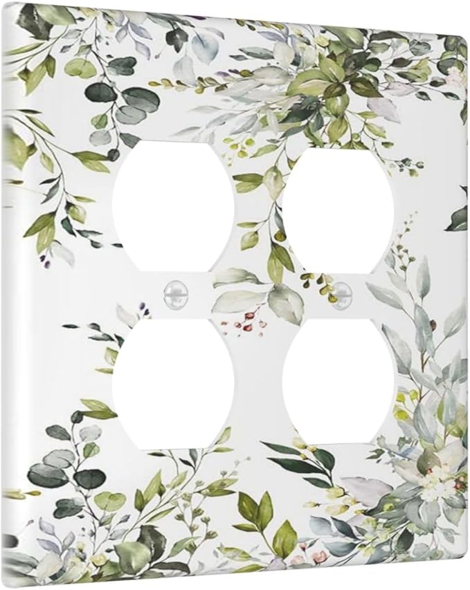 Eucalyptus Sage Green Leaf Plant Floral Outlet Covers 2 Gang Double Duplex Decorative Light Switch Covers Electrical Wallplates Socket Faceplate for Bedroom Living Room Decor
