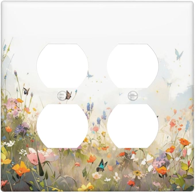 Wildflowers Watercolor Floral Colorful Butterfly Outlet Covers 2 Gang Double Duplex Decorative Light Switch Covers Electrical Wallplates Socket Faceplate for Farmhouse Bed Room Decor