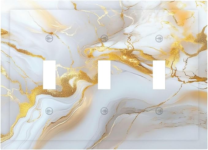 Decorative Switch Plate Cover Abstract Gold Marble Design with White & Gold 3 Gang Artistic Wall Plate Unique Triple Toggle Light Switch Covers for Modern Luxurious Decor