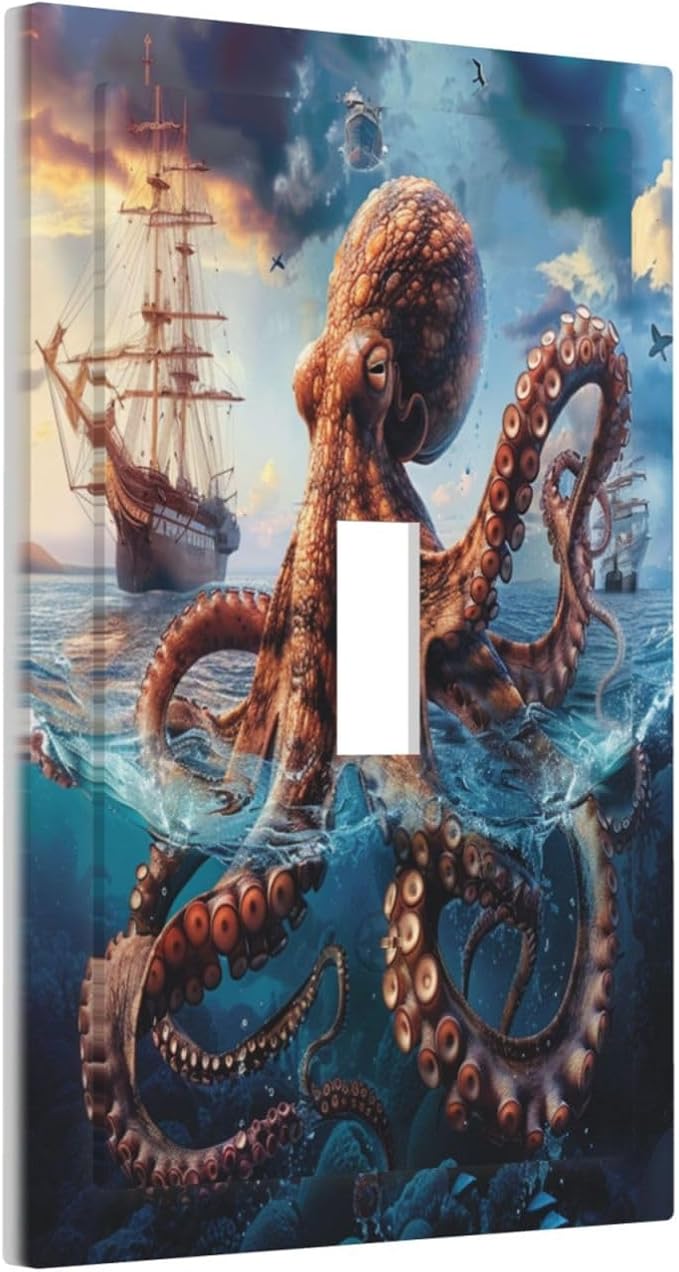 Light Switch Cover Plate Deep Ocean Octopus Sailboat Sea Monster 1 Gang Single Toggle Decorative Switch Plates Wall Plates Electrical Faceplate Socket Covers for Bathroom Bedroom Decor