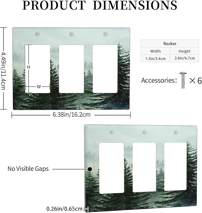 Forest Pinetrees Misty Landscape Nature Light Switch Covers 3 Gang Rocker Decorative Triple Outlet Wall Plate Cover Switchplate Electrical Gfci for Bedroom Farmhouse Decor