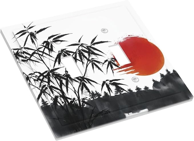 Decorative Light Switch Plate Covers Artistic Describe Black Bamboo Japanese Red Sun 2 Gang Wall Plate Double Toggle Switch Cover Plate Electric Dual Device Electrical Faceplate