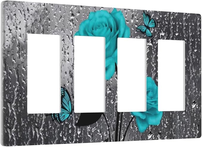 Romantic Elegant Butterfly Turquoise Teal Blue Grey Rose Flower Raindrop Floral 4 Gang Quad Device Screwless Decorator GFCI/Rocker Wall Plate Light Switch Dimmer Receptacle Outlet Cover Standard Size