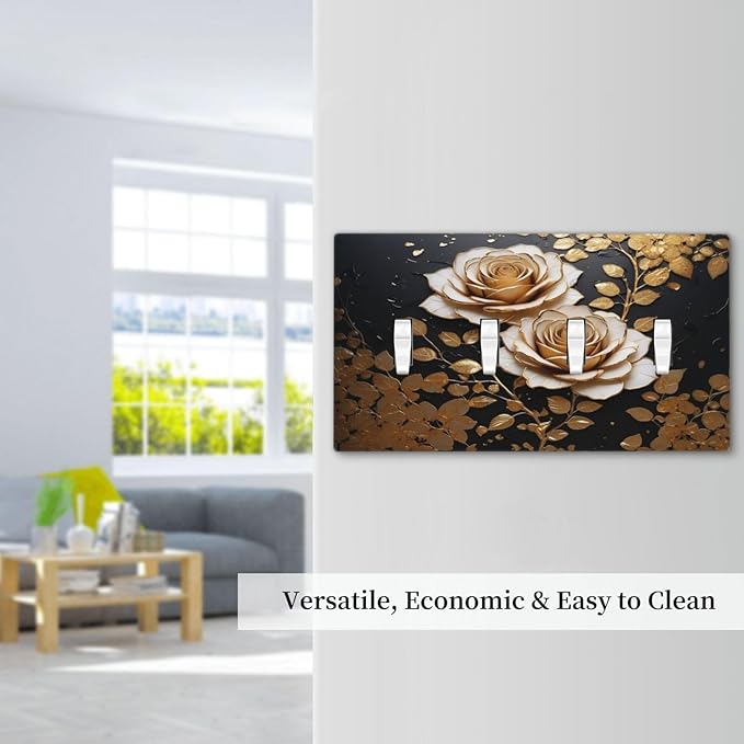 Decorative Light Switch Plate Covers Big Golden White Roses Glod Leaves Black Background 4 Gang Wall Plate Switch Cover Plate Quad Toggle Jumbo Electrical Faceplate for Home Decor
