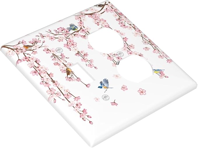 Pink Cherry Blossom Flower Vine Floral Tree Branch Birds Wallplates 1 Toggle 1 Duplex Switch Plate Electrical GFCI Faceplate Decorative Light Switch Covers for Bedroom Living Room Decor