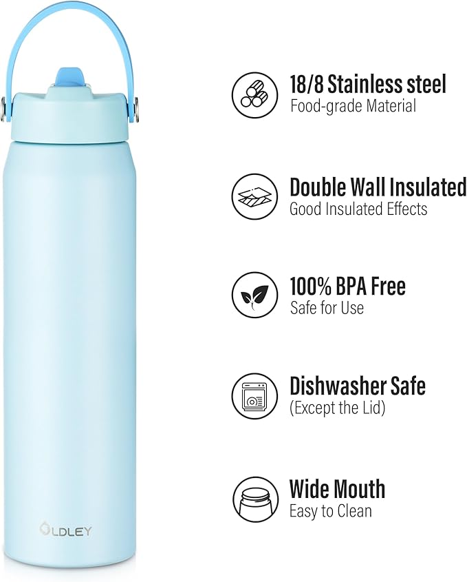 Oldley 32oz Insulated Water Bottle with Straw, Stainless Steel Water Bottle for Sports, Travel, School, BPA-Free Sports Bottles for Adult Kids, Leak-Proof, Light Blue