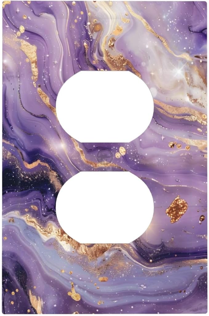 Luxury Marble Texture Purple And Gold Abstract Print Outlet Covers 1 Gang Duplex Light Switch Cover Decorative Switch Plates Electrical Receptacle Faceplate Wall Plate for Bathroom Home Decor
