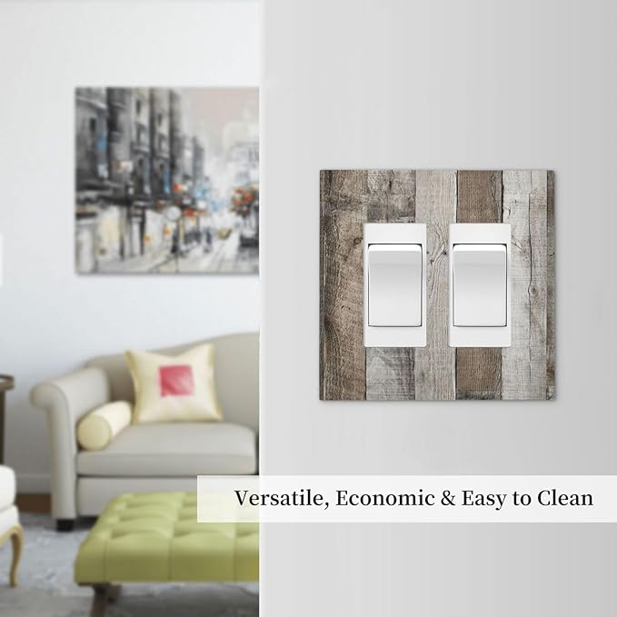 Natural Grey Wood Vintage Faux Wood Grain Decorative Outlet Covers 2 Gang Double GFCI Rocker Electrical Wall Panels Light Switch Cover Plate for Farmhouse Home Decor