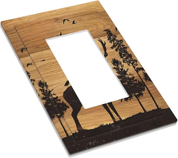 Elk Moose Forest Hunting Pyrography Art Wood Texture Print Decorative Outlet Covers 1 Gang Single Rocker Light Switch Cover Plate Wall Plates GFCI Faceplate for Farmhouse Bedroom Decor