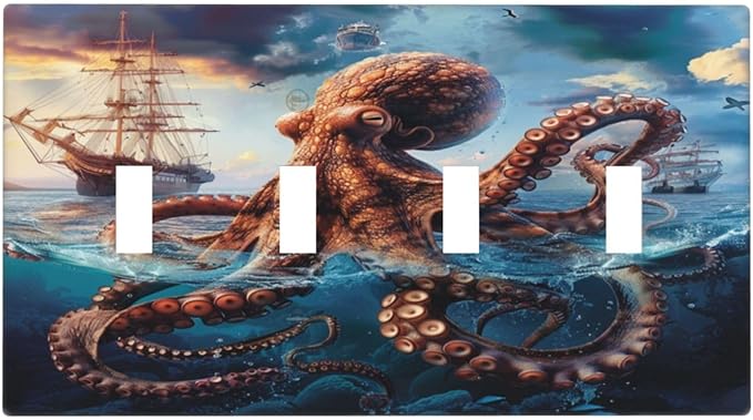 Light Switch Cover Plate Deep Ocean Octopus Sailboat Sea Monster 4 Gang Quad Toggle Decorative Switch Plates Wall Panels Electrical Wall Plates Faceplate for Bathroom Bedroom Decor