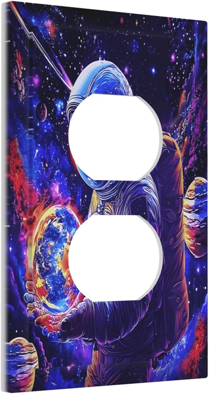 Astronaut Space Cool Galaxy Planet Outlet Covers 1 Gang Duplex Light Switch Cover Decorative Switch Plates Electrical Receptacle Faceplate Wall Plate for Kids Room Nursery Decor