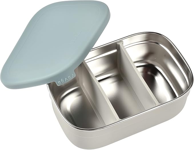 Beaba Stainless Steel Lunch Box, Kids Lunch Box with Silicone Lid, Bento Style Food Containers, Removable Silicone Dividers Make 1-3 Compartments, Rain