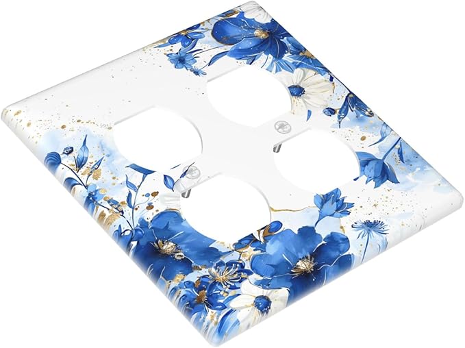 Klein Blue Flowers Watercolor Golden White Floral Outlet Covers 2 Gang Double Duplex Decorative Light Switch Covers Electrical Wallplates Socket Faceplate for Bedroom Living Room Decor